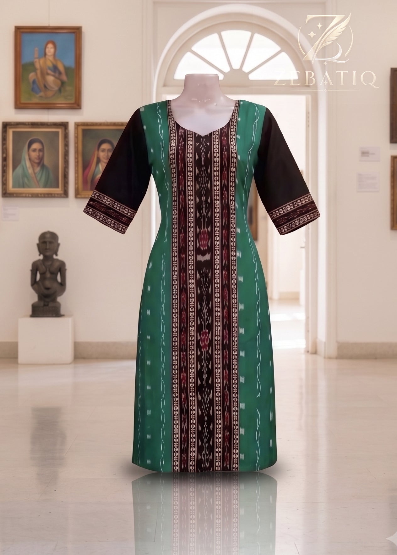 ZEBATIQ Women Green Black Sambalpuri Cotton Kurti  Traditional Ethnic Printed Straight Kurti Round Neck 3/4 Sleeve Casual Office Daily Wear Kurta for Women