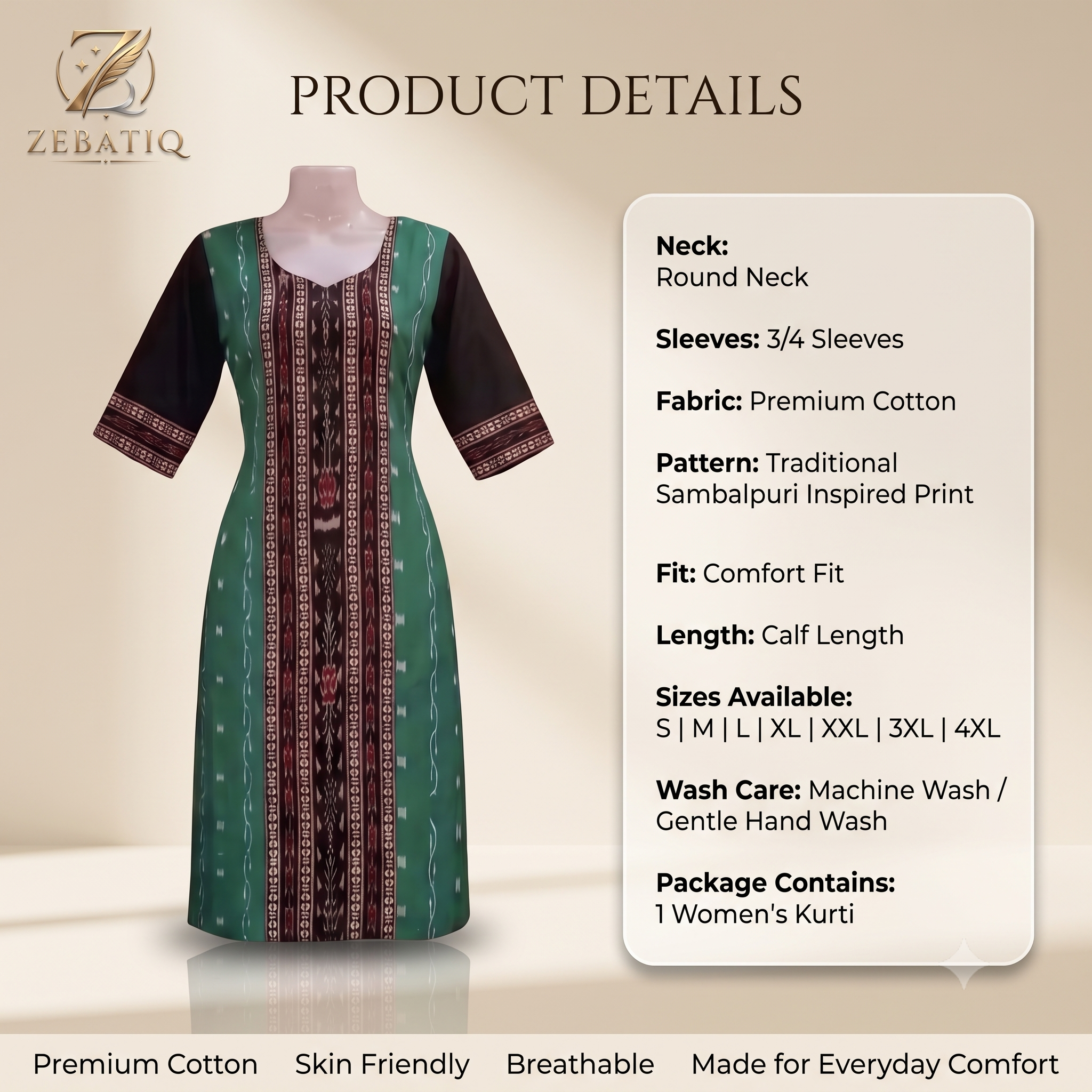 ZEBATIQ Women Green Black Sambalpuri Cotton Kurti  Traditional Ethnic Printed Straight Kurti Round Neck 3/4 Sleeve Casual Office Daily Wear Kurta for Women