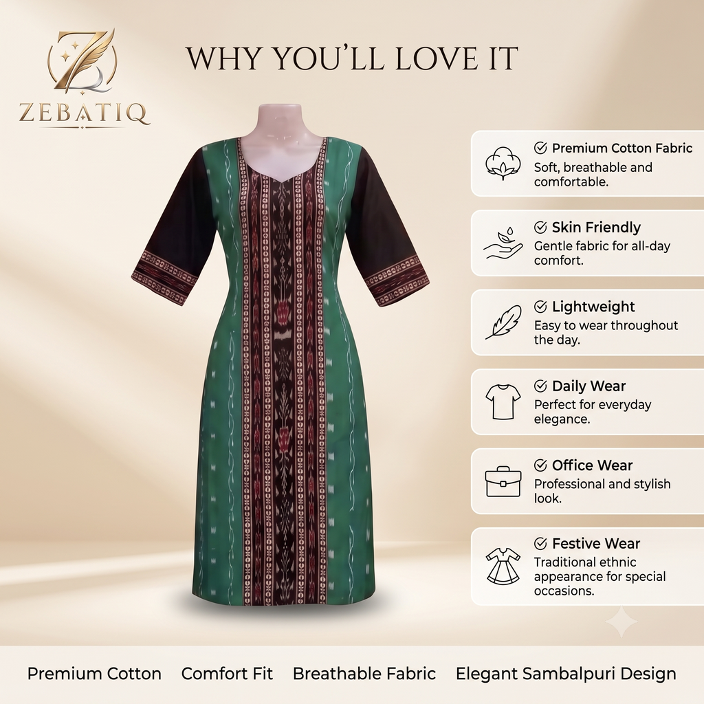 ZEBATIQ Women Green Black Sambalpuri Cotton Kurti  Traditional Ethnic Printed Straight Kurti Round Neck 3/4 Sleeve Casual Office Daily Wear Kurta for Women