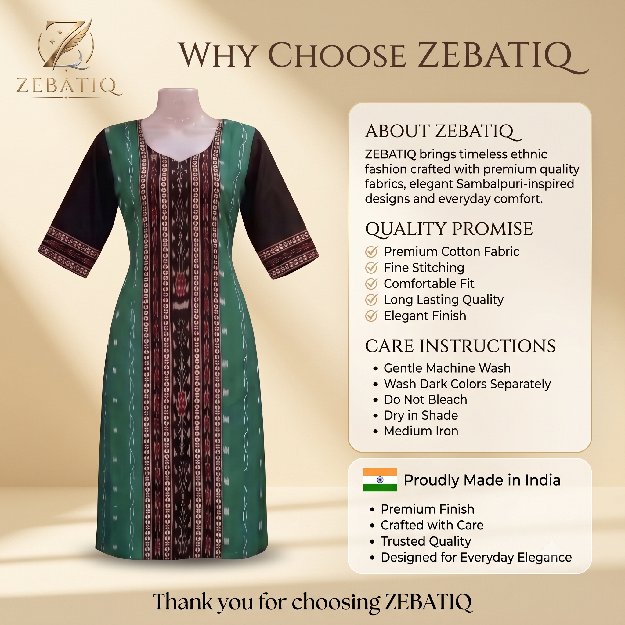 ZEBATIQ Women Green Black Sambalpuri Cotton Kurti  Traditional Ethnic Printed Straight Kurti Round Neck 3/4 Sleeve Casual Office Daily Wear Kurta for Women